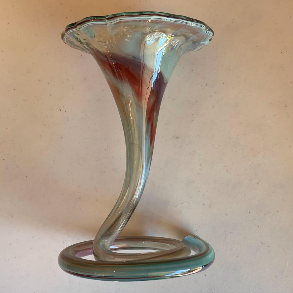 Trumpet Hand Blown Art Glass Vase With Swirl Circle Base - Picture 2 of 7